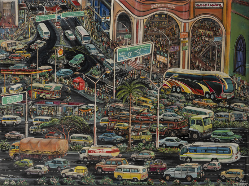 Lamu przyszłości - ujęcie z przodu; Kolorowa, dynamiczna kompozycja w poziomie, przedstawiające ruchliwe rondo i skrzyżowanie wielopasmowych ulic z gąszczem pojazdów oraz tłumem ludzi poruszających się pośród lokali usługowo-handlowych, na chodnikach, na schodach na kładkę i z kładki dla pieszych nad ulicami.

Ulice przedzielone są pasami zieleni z kwiatami, na jednym z nich w centrum obrazu, pomiędzy dwoma latarniami ulicznymi rośnie palma. Nad nią zielone znaki drogowe, wszędzie pełno szyldów sklepowych. Po lewej stronie obrazu stacja benzynowa Shell, niedaleko budka z coca-colą i przystanek autobusowy. Z lewej strony jakby duże, ruchliwe centrum handlowe Safari Point Haus. Na ulicach tłoczą się samochody osobowe, busy, ciężarówki i motocykle. Obraz pełen drobnych detali, wibrujący barwami i życiem miasta.