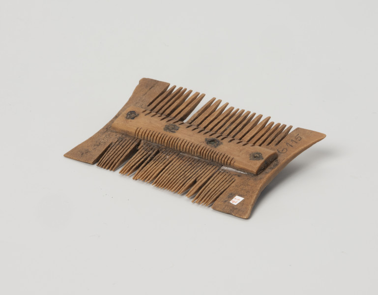 grzebień dwustronny grupa IIB, typ III - Ujęcie z tyłu; Niewielki, dwustronny grzebień, wykonany z czterech płytek wyciętych z poroża, ułożonych obok siebie i przymocowanych do obustronnie występujących okładzin nitami wykonanymi ze stopu miedzi. Każdy nit znajduje się pośrodku jednej płytki. Po zmontowaniu konstrukcji wycinano za pomocą precyzyjnych piłek zęby, gęstsze po jednej, z rzadziej rozmieszczona po drugiej stronie grzebienia. Powierzchnia została wygładzona, usunięto ślady obróbki surowca.