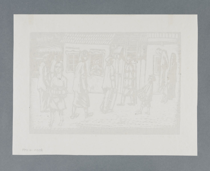 scena rodzajowa - Na tle niskich, parterowych domów pokazane życie codzienne getta. Na ulicy, z lewej stoi kobieta z dzieckiem, obok widoczna sylwetka powieszonego mężczyzny. Dalej postać bosego chłopca sprzedającego bułki (?), dwóch mężczyzn, jeden z nich niesie drabinę, drugi, odwrócony tyłem trzyma w rękach skrzynkę (?). Z prawej na pierwszym planie dwie postacie kobiece – jedna ujęta z tyłu, w chustce na głowie zwraca twarz w kierunku widza, druga, bosa, ujęta en face, przed sobą trzyma w rękach tacę z jedzeniem na sprzedaż. W głębi, z prawej strony grupa mężczyzn.
W drugim planie, w otwartym oknie drugiego domu widoczna postać kobiety. W dalekim tle w prześwitach między dachami domów widoczne dachy domów, wieże kościelne, z prawej wagony kolejowe jadące po nasypie.