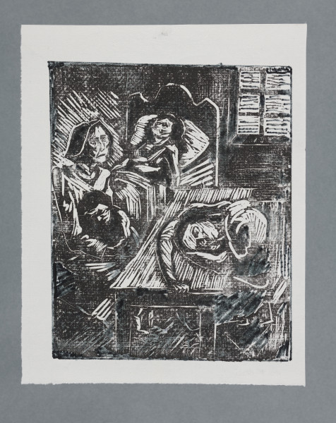 scena rodzajowa - Wnętrze małej izby. Pośrodku pokoju stoi drewniany, prostokątny stół. Z lewej strony przy stole siedzi kobieta w czepku na głowie. Na jej kolanach leży, przytulone do niej dziecko. Naprzeciwko, po drugiej stronie siedzi kobieta, położyła się na stole. W tle, w lewym rogu, obok okna stoi łóżko, w którym leży kobieta.