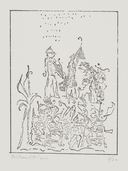 odbitka graficzna - Grafika przedstawia grupę postaci oraz zwierząt. Przy lewej krawędzi sceny drzewo. U góry widoczne dwie postaci w nakryciach głowy. Jedna z postaci trzyma parasol (?). Nad nimi padający deszcz. Przedstawienie wpisane w prostokątną ramkę stojącą na krótszym boku.