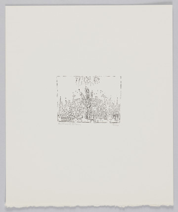 odbitka graficzna - Grafika przedstawia abstrakcyjną plątaninę linii i kształtów wypełniającą niemal całkowicie dolną połowę ramki, w której jest zamknięta. Pośrodku u góry odchodzące od górnej krawędzi linie stworzone z kropek. Przedstawienie w stworzonym z przerywanej linii prostokącie stojącym na dłuższym boku.