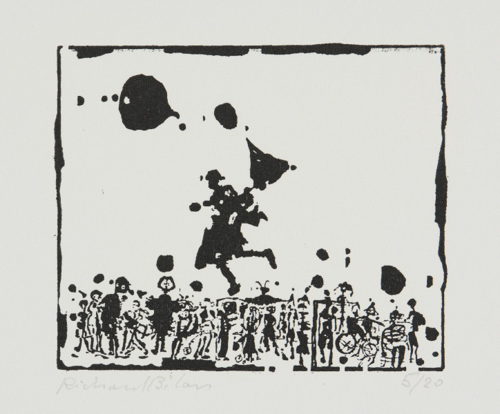 odbitka graficzna - Grafika przedstawia grupę stojących niewielkich postaci z biegnącym nad nimi czarnym człowiekiem w kapeluszu. Przedstawienie wpisane w prostokątną ramkę stojącą na dłuższym boku.