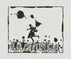 odbitka graficzna - Grafika przedstawia grupę stojących niewielkich postaci z biegnącym nad nimi czarnym człowiekiem w kapeluszu. Przedstawienie wpisane w prostokątną ramkę stojącą na dłuższym boku.