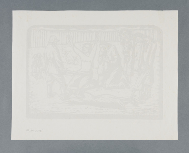 scena rodzajowa - Scena na ulicy przedstawia odbieranie dzieci matkom przez żołnierza z karabinem. Z lewej strony dwie kobiety (stojące) i jedna klęcząca kobieta tulą do siebie swoje dzieci. Obok nich klęczy kobieta z rękami uniesionymi do góry. Przed nią stoi mężczyzna w niemieckim mundurze, w opuszczonych rękach trzyma karabin. U jego stóp leży kobieta obejmująca rękami nogi żołnierza. Z prawej, w głębi stoi grupka trojga dzieci tulących się do siebie. W tle drewniany płot.