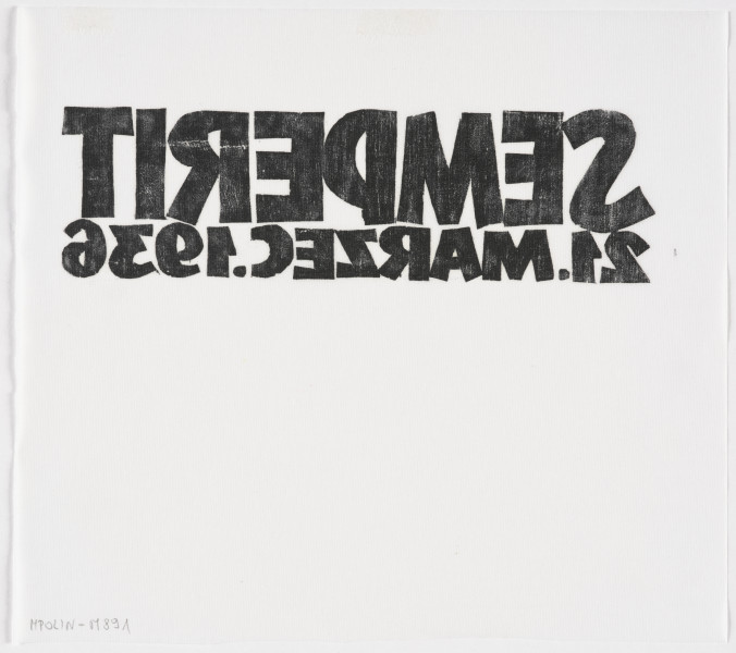 Projekt graficzny - Projekt graficzny tytułu teki graficznej. W górnej części planszy napisy wykonane szeroką, bezszeryfową czcionką. W górnej linijce napis wersalikami: SEMPERIT, w dolnej: 21.MARZEC.1936.