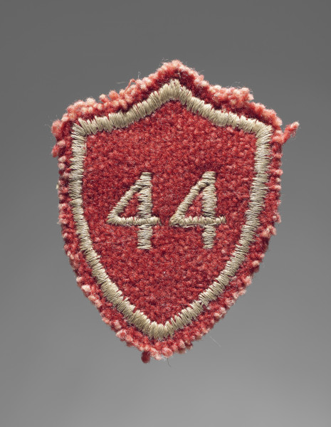 Tarcza szkolna w formie naszywki wykonana z tkaniny wełnianej w kolorze czerwonym. Czworoboczna - z trzema rogami na górze i jednym na dole, każda krawędź zaokrąglona: górne do wewnątrz (do dołu), boczne na zewnątrz. Krawędzie obszyte nicią w kolorze żółtobrązowym. W centralnym polu wszyty maszynowo nicią w tym samym kolorze numer ,,44’’ (nr szkoły). Po stronie verso płócienna podkładka w kolorze białym.