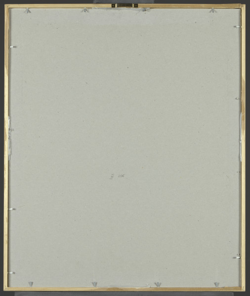 akwarela - Z lewej strony kompozycji ujęta frontalnie, wyabstrahowana, niemal transparentna figura ludzka, w partii tułowia wypełniona poziomymi pasami zielonej farby; podobnie w prawej nodze oraz głowy z przenikającymi się owalnymi formami i zielonym krzyżem. Z prawej strony w górnej części niewielki otwór – okno. Okno i figura połączone są grubymi, zielonymi pasami, które jak lina „opasują” i „wiążą” nogi i tułów postaci. Obraz utrzymany w ciepłych odcieniach brązów, żółcieni, zieleni.