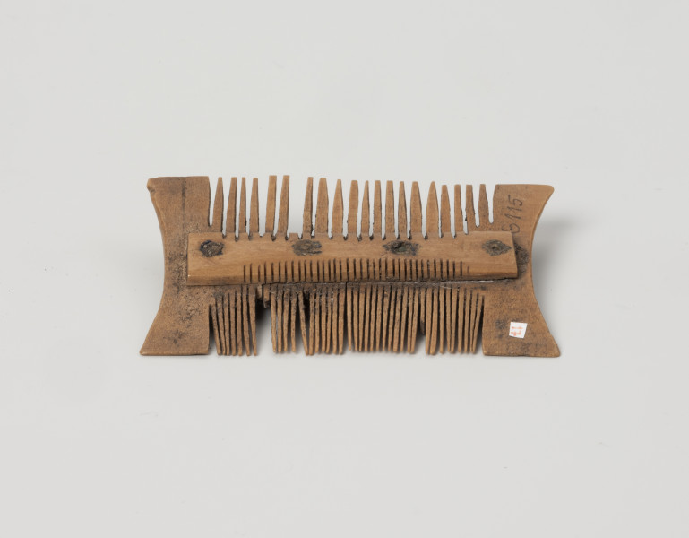 grzebień dwustronny grupa IIB, typ III - Ujęcie z tyłu; Niewielki, dwustronny grzebień, wykonany z czterech płytek wyciętych z poroża, ułożonych obok siebie i przymocowanych do obustronnie występujących okładzin nitami wykonanymi ze stopu miedzi. Każdy nit znajduje się pośrodku jednej płytki. Po zmontowaniu konstrukcji wycinano za pomocą precyzyjnych piłek zęby, gęstsze po jednej, z rzadziej rozmieszczona po drugiej stronie grzebienia. Powierzchnia została wygładzona, usunięto ślady obróbki surowca.