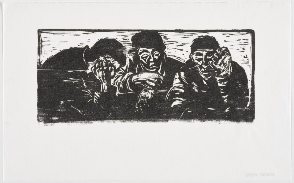 Kompozycja figuralna - Trzej mężczyźni ujęci na wprost, siedzący za stołem (?). Widoczni w półpostaci. Mężczyzna z lewej strony, ujęty z prawego boku, prawą rękę opiera na policzku. Mężczyzna siedzący pośrodku wyciągnął ręce przed siebie, prawą dłonią trzyma nadgarstek lewej dłoni. Mężczyzna z prawej ujęty frontalnie, prawą rękę wyciągnął przed siebie, lewą opiera na policzku. Na twarzach smutek i rozpacz.