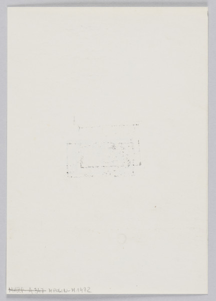 odbitka graficzna - Biała karta papieru z niewielką abstrakcyjną grafiką po środku. Grafika przedstawia grupę postaci, wśród których po prawej stronie rozpoznać można malarza stojącego przy sztaludze. Z lewej strony widoczne zwierzę (pies?).