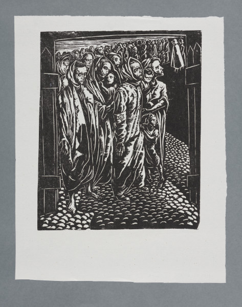 scena rodzajowa - Duża grupa kobiet, dzieci i mężczyzn przechodząca przez otwartą drewnianą bramę. Na czele pochodu idzie kobieta, ujęta w całej postaci w długim płaszczu, głowę ma obwiązana chustką, podobnie, jak inne kobiety obok niej. Noszą łachmany, kobieta z lewej jest bosa, w za dużym płaszczu, na przodzie okrycia naszyta gwiazda Dawida, w środku gwiazdy litera A. Dwie kobiety niosą dzieci na rękach. Kobieta z prawej strony ma na ramieniu opaskę z gwiazda Dawida, do jej boku tuli się dziecko. W głębi widać długi, ciągnący się daleko szereg ludzi. W prawym górnym rogu widoczne małe sylwetki dwóch żołnierzy w hełmach i długich do ziemi szynelach. Droga wybrukowana kocimi łbami.