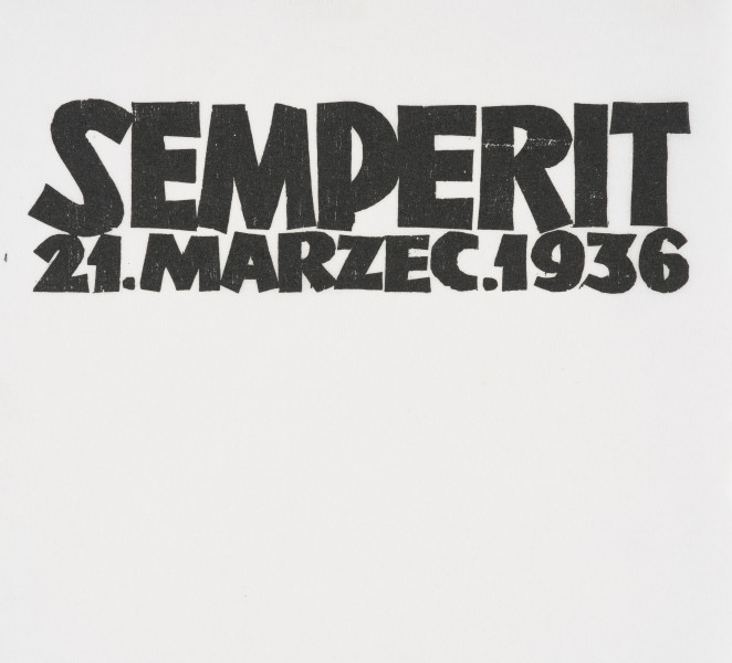 Projekt graficzny - Projekt graficzny tytułu teki graficznej. W górnej części planszy napisy wykonane szeroką, bezszeryfową czcionką. W górnej linijce napis wersalikami: SEMPERIT, w dolnej: 21.MARZEC.1936.