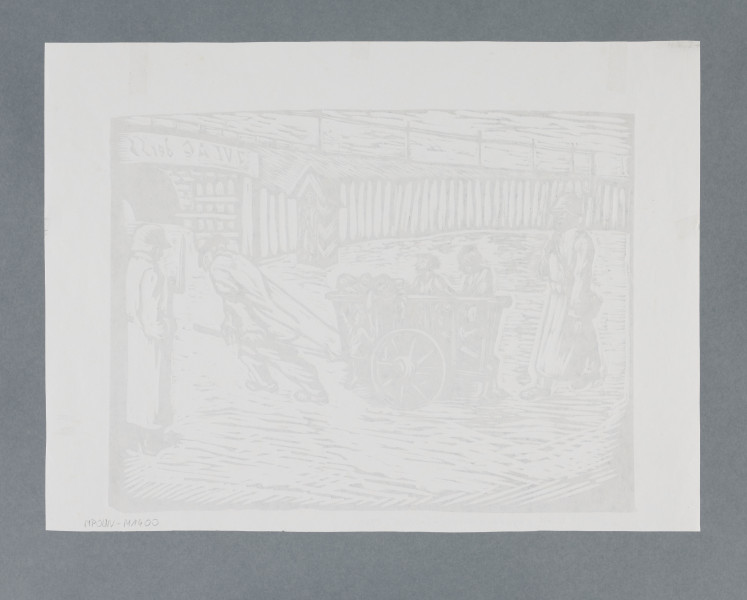 scena rodzajowa - Ulica w mieście. Środkiem brukowanej ulicy w kierunku bramy-wiaduktu mężczyzna ciągnie drabiniasty wóz pełen dziećmi – siedzących, stojących. Za wozem idzie żołnierz w szynelu. Obok, na pierwszym planie z prawej stoi żołnierz w szynelu, na głowie ma hełm, w lewym ręku trzyma karabin. W tle drewniany płot, nasyp kolejowy, wiadukt. Nad wiaduktem napis: „Julag der SS”. Przed wiaduktem, z lewej stoi budka wartownicza. 