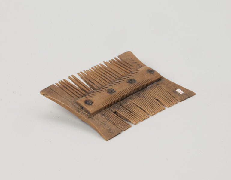 grzebień dwustronny grupa IIB, typ III - Ujęcie z tyłu; Niewielki, dwustronny grzebień, wykonany z czterech płytek wyciętych z poroża, ułożonych obok siebie i przymocowanych do obustronnie występujących okładzin nitami wykonanymi ze stopu miedzi. Każdy nit znajduje się pośrodku jednej płytki. Po zmontowaniu konstrukcji wycinano za pomocą precyzyjnych piłek zęby, gęstsze po jednej, z rzadziej rozmieszczona po drugiej stronie grzebienia. Powierzchnia została wygładzona, usunięto ślady obróbki surowca.