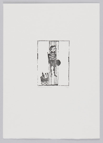 odbitka graficzna - Grafika przedstawiająca mężczyznę za kratami (?) unoszącego się nad ziemią oraz dziecko w wózku dziecięcym. Przedstawienie wpisane w prostokątną ramkę stojącą na krótszym boku.