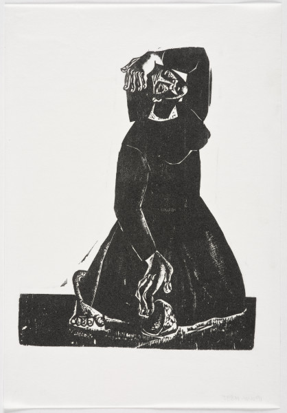 Kompozycja figuralna - Sylwetka kobiety, ujęta prawie frontalnie, ukazana w całej postaci, upadająca na kolana. Kobieta upada na bruk. Lewą rękę podniosła do góry, trzyma ją nad głową, z prawej, opadającej wzdłuż ciała wypadł kamień. Dłonie duże i kościste. Ubrana w długa do ziemi suknię, z okrągłym wycięciem, spod sukienki wysuwa się bosa, duża i niekształtna stopa. Włosy krótkie, opadające do ramion. 