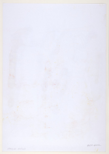 rysunek - Przedstawienie dwóch aniołów dmących w złote trąby na tle zabudowy miasta. Poniżej postacie za drutem kolczastym. Anioły nienaturalnej wielkości, stoją zwrócone do siebie. Z lewej strony anioł płci żeńskiej, z żółtymi skrzydłami. Po prawej stronie anioł płci męskiej z żółtymi skrzydłami i żółtymi włosami. Oba posiadają na ramionach opaski z gwiazdą (gwiazdą Dawida). Pomiędzy stojącymi aniołami widoczna zabudowa miasta w odcieniach niebieskich. U dołu sceny stojący na tle miasta, za drutem kolczastym, mężczyzna grający na skrzypcach oraz dwójka dzieci.