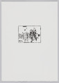 odbitka graficzna - Grafika przedstawia stojącą po lewej stronie sceny grupę wielu niewielkich postaci oraz cztery nieco większe czarne postacie w spiczastych nakryciach głowy po prawej stronie przedstawienia. Przedstawienie wpisane w prostokątną ramkę stojącą na dłuższym boku.