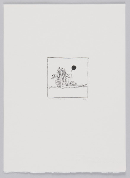 odbitka graficzna - Grafika przedstawia dwie stojące obok siebie postacie. Postać po prawej w ręku trzyma na sznurku czarny balon (?) unoszący się w powietrzu. Obok niewielki zabawkowy samochodzik. Przedstawienie wpisane w kwadratową ramkę.