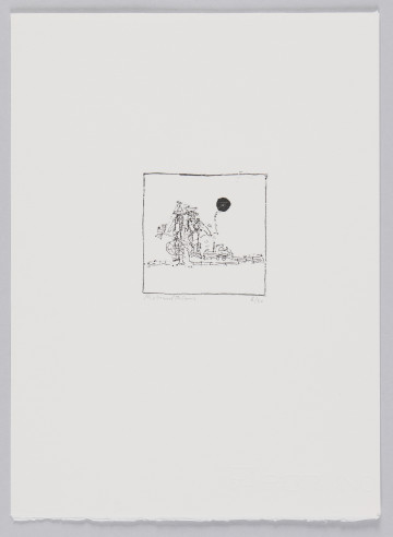 odbitka graficzna - Grafika przedstawia dwie stojące obok siebie postacie. Postać po prawej w ręku trzyma na sznurku czarny balon (?) unoszący się w powietrzu. Obok niewielki zabawkowy samochodzik. Przedstawienie wpisane w kwadratową ramkę.