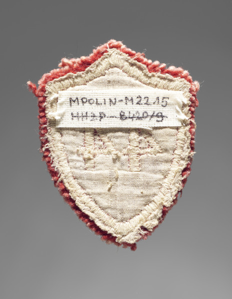 Tarcza szkolna w formie naszywki wykonana z tkaniny wełnianej w kolorze czerwonym. Czworoboczna - z trzema rogami na górze i jednym na dole, każda krawędź zaokrąglona: górne do wewnątrz (do dołu), boczne na zewnątrz. Krawędzie obszyte nicią w kolorze żółtobrązowym. W centralnym polu wszyty maszynowo nicią w tym samym kolorze numer ,,44’’ (nr szkoły). Po stronie verso płócienna podkładka w kolorze białym.