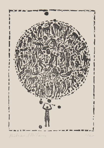 odbitka graficzna - Grafika przedstawiająca czarną sylwetkę postaci w kapeluszu, trzymającą podniesiony ku górze podłużny przedmiot zakończony dwoma czarnymi okręgami. Powyżej znajduje się okrąg całkowicie wypełniony figurami ludzi i zwierząt. Przedstawienie zamknięte w stworzonym z przerywanej linii prostokącie, stojącym na krótszym boku.