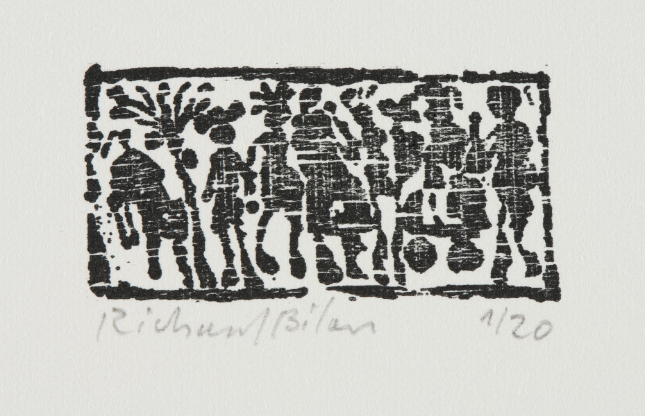 odbitka graficzna - Grafika przedstawia zamknięte w prostokątnej ramie, całkowicie ją wypełniające czarne kształty ludzi i zwierząt. Z lewej strony widoczne kształty zwierzęcia oraz palmy kokosowej. Przedstawienie wpisane w prostokątną ramkę stojącą na dłuższym boku.