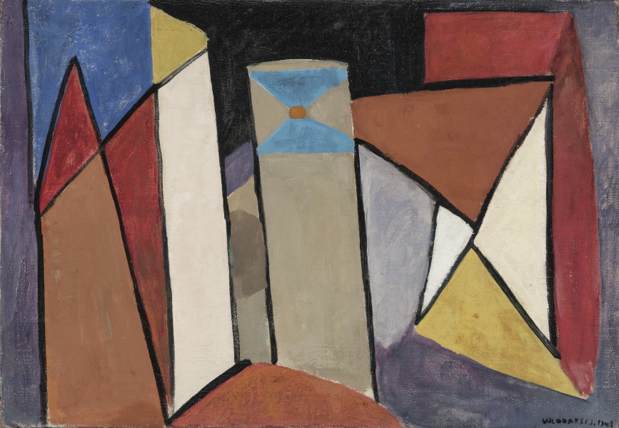 obraz olejny - Kompozycja abstrakcyjna. Powierzchnia płótna podzielona jest mocnymi, czarnymi, pionowymi i diagonalnymi liniami na trójkąty, czworokąty, romby wypełnione barwnymi plamami – w kolorze błękitu, pomarańczy, zimnej żółcieni, kremowej bieli. Pośrodku pionowy szaro-niebieski blok w górnej części znajdują się dwa trójkąty połączone pomarańczową kropką. Tło zróżnicowane kolorystycznie – z lewej fioletowe, w środku czarne, z prawej szare.