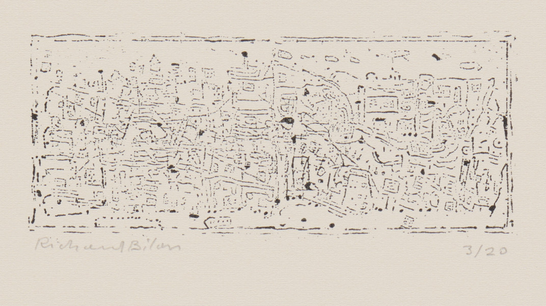 odbitka graficzna - Grafika przedstawia abstrakcyjną plątaninę linii i kształtów zamkniętą w stworzonym z przerywanej linii prostokącie stojącym na dłuższym boku.