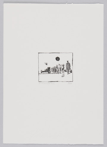 odbitka graficzna - Grafika przedstawiająca grupę postaci oraz postać w pojeździe przypominającym samochód wyścigowy. Po prawej stronie przedstawienia dwie większe od innych postaci, chłopiec w krótkich spodniach oraz postać trzymająca wiadro oraz koszyk. Przedstawienie wpisane w prostokątną ramkę stojącą na dłuższym boku.