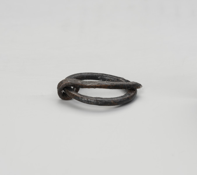 sprzączka do pasa - Ujęcie z przodu; Kolista sprzączka żelazna ze spłaszczonego drutu z ruchomym kolcem na ramie. Kolec przymocowano poprzez wygięcie tępego końca drutu i owiniecie go wokół obręczy sprzączki. Na powierzchni zachowane są pojedyncze włókna.