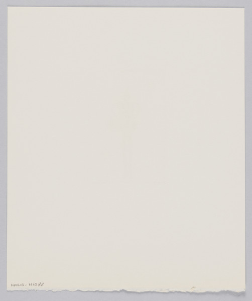 odbitka graficzna - Grafika przedstawia stojącą w centrum postać z prostokątnym ażurowym, drucianym tułowiem. Ręce oraz nogi postaci cienkie. Na wysokości pasa postaci, obok czarny okrągły niezidentyfikowany przedmiot. Przedstawienie wpisane w prostokątną ramkę stojącą na krótszym boku.