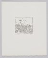 odbitka graficzna - Grafika przedstawia abstrakcyjną plątaninę linii i kształtów wypełniającą całkowicie dolną połowę ramki, w której jest zamknięta. Górna połowa przedstawienia pusta za wyjątkiem poszczególnych lini. Przedstawienie w stworzonym z przerywanej linii zbliżonym do kwadratu, prostokącie stojącym na dłuższym boku.