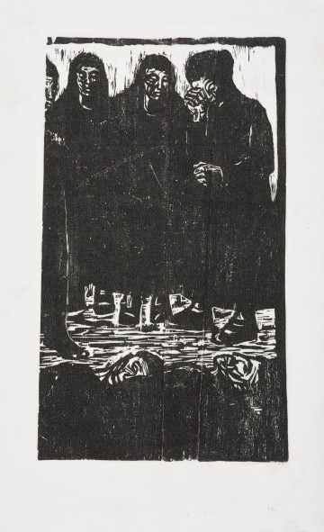 Kompozycja figuralna - Nad leżącymi na bruku zwłokami mężczyzn stoją cztery kobiety, ujęte w całej postaci. Ubrane w ciemne, długie płaszcze, na głowach mają zawiązane chustki. Kobiety stojące w środku mają bose stopy, te z boku na nogach mają ciężkie buty na płaskim obcasie. Kobieta z prawej strony, ujęta z lewego półprofilu, podnosi prawą rękę do twarzy, ocierając łzy, lewą, zgiętą w łokciu trzyma na wysokości brzucha. Sylwetka kobiety stojącej z lewej strony, odcięta pionowo krawędzią sceny.
U ich stóp leżą zwłoki dwóch mężczyzn, ułożonych na wznak, jeden obok drugiego. Widoczne twarze i górne części ciała.