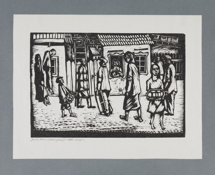 scena rodzajowa - Na tle niskich, parterowych domów pokazane życie codzienne getta. Na ulicy, z lewej stoi kobieta z dzieckiem, obok widoczna sylwetka powieszonego mężczyzny. Dalej postać bosego chłopca sprzedającego bułki (?), dwóch mężczyzn, jeden z nich niesie drabinę, drugi, odwrócony tyłem trzyma w rękach skrzynkę (?). Z prawej na pierwszym planie dwie postacie kobiece – jedna ujęta z tyłu, w chustce na głowie zwraca twarz w kierunku widza, druga, bosa, ujęta en face, przed sobą trzyma w rękach tacę z jedzeniem na sprzedaż. W głębi, z prawej strony grupa mężczyzn.
W drugim planie, w otwartym oknie drugiego domu widoczna postać kobiety. W dalekim tle w prześwitach między dachami domów widoczne dachy domów, wieże kościelne, z prawej wagony kolejowe jadące po nasypie.