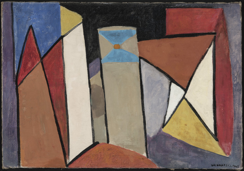 obraz olejny - Kompozycja abstrakcyjna. Powierzchnia płótna podzielona jest mocnymi, czarnymi, pionowymi i diagonalnymi liniami na trójkąty, czworokąty, romby wypełnione barwnymi plamami – w kolorze błękitu, pomarańczy, zimnej żółcieni, kremowej bieli. Pośrodku pionowy szaro-niebieski blok w górnej części znajdują się dwa trójkąty połączone pomarańczową kropką. Tło zróżnicowane kolorystycznie – z lewej fioletowe, w środku czarne, z prawej szare.