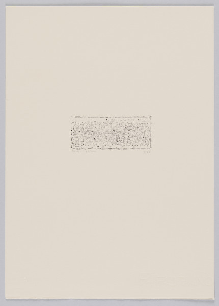 odbitka graficzna - Grafika przedstawia abstrakcyjną plątaninę linii i kształtów zamkniętą w stworzonym z przerywanej linii prostokącie stojącym na dłuższym boku.