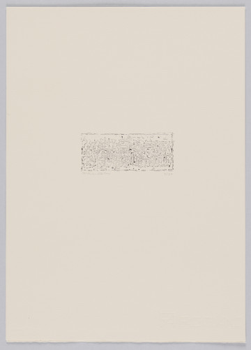 odbitka graficzna - Grafika przedstawia abstrakcyjną plątaninę linii i kształtów zamkniętą w stworzonym z przerywanej linii prostokącie stojącym na dłuższym boku.