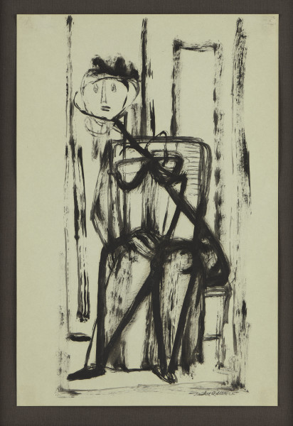 kompozycja figuralna - Kompozycja z figurą ludzką, ujętą frontalnie, w całej postaci. Monumentalna sylwetka kobiety (?) narysowana jest mocnym, czarnym konturem, forma uproszczona i zgeometryzowana. Sylwetka nie ma głowy i szyi. Z prawej strony postaci, oddzielnie okrągła głowa na długim, ukośnie biegącym kiju. W tle szerokie pionowe linie tworzą ramę dla figury.