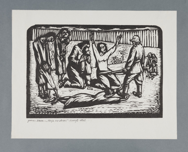 scena rodzajowa - Scena na ulicy przedstawia odbieranie dzieci matkom przez żołnierza z karabinem. Z lewej strony dwie kobiety (stojące) i jedna klęcząca kobieta tulą do siebie swoje dzieci. Obok nich klęczy kobieta z rękami uniesionymi do góry. Przed nią stoi mężczyzna w niemieckim mundurze, w opuszczonych rękach trzyma karabin. U jego stóp leży kobieta obejmująca rękami nogi żołnierza. Z prawej, w głębi stoi grupka trojga dzieci tulących się do siebie. W tle drewniany płot.