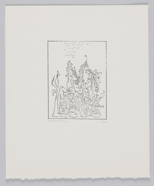 odbitka graficzna - Grafika przedstawia grupę postaci oraz zwierząt. Przy lewej krawędzi sceny drzewo. U góry widoczne dwie postaci w nakryciach głowy. Jedna z postaci trzyma parasol (?). Nad nimi padający deszcz. Przedstawienie wpisane w prostokątną ramkę stojącą na krótszym boku.