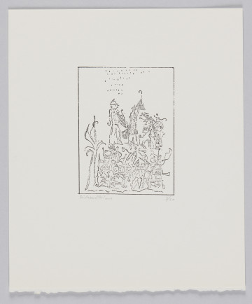 odbitka graficzna - Grafika przedstawia grupę postaci oraz zwierząt. Przy lewej krawędzi sceny drzewo. U góry widoczne dwie postaci w nakryciach głowy. Jedna z postaci trzyma parasol (?). Nad nimi padający deszcz. Przedstawienie wpisane w prostokątną ramkę stojącą na krótszym boku.