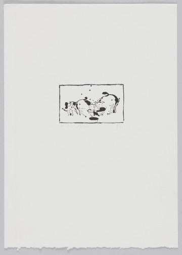 odbitka graficzna - Grafika przedstawia trzy zwierzęta, prawdopodobnie dwie świnie oraz cielę. Zwierzęta patrzą w stronę widza. Przedstawienie wpisane w prostokątną ramkę stojącą na dłuższym boku.