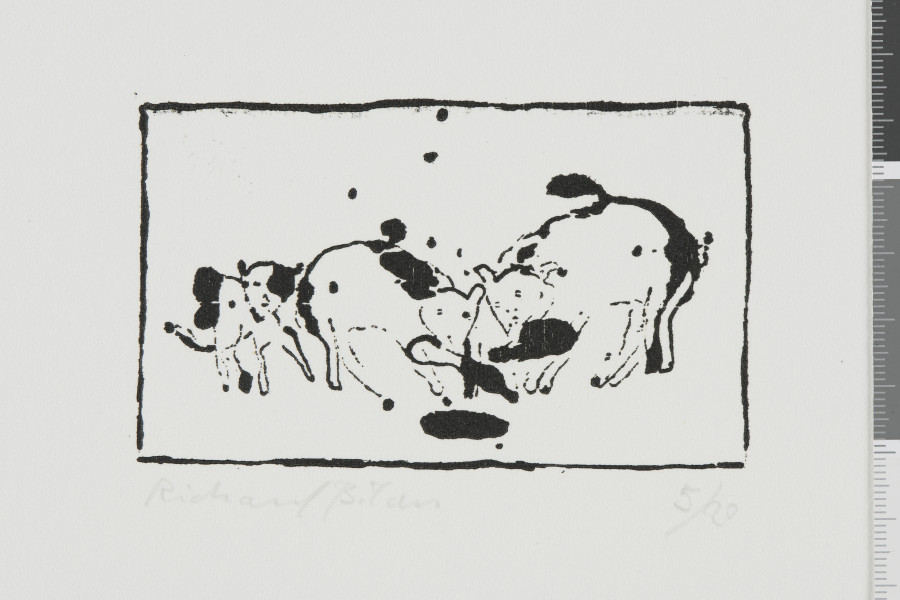 odbitka graficzna - Grafika przedstawia trzy zwierzęta, prawdopodobnie dwie świnie oraz cielę. Zwierzęta patrzą w stronę widza. Przedstawienie wpisane w prostokątną ramkę stojącą na dłuższym boku.