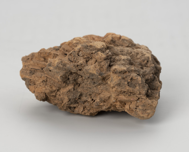 polepa - Ujęcie z przodu; Polepa z przepalonej gliny koloru pomarańczowobrązowego z odciskami słomy.