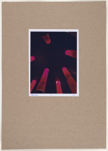 fotografia - Barwna odbitka fotograficzna przedstawiająca siedem długich, walcowanych kształtów ustawionych w okręgu, przedstawionych w skrócie perspektywicznym (z tzw. żabiej perspektywy). Ich nasycone barwy przechodzące od czerwieni do różu o amarantowym odcieniu kontrastują z bardzo ciemnym tłem. Odbitka fotograficzna została wykonana z wąską, białą ramką.