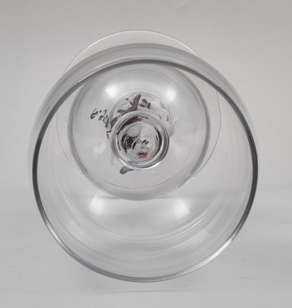 ﻿Kielich w typie „Römer”. Posiada półkolistą czaszę z cylindrycznym zwężeniem u góry. Charakterystyczny jest nodus w kształcie kuli. Kielich zakończony jest okrągłą, gładką stopą. Stopa i czara połączone są z nodusem pierścieniami. W nodus wtopiona jest scena myśliwska.