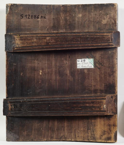 ikona malowana temperą ze złoceniami na drewnianym gruntowanym podobraziu, odwrocie wzmocnione dwiema szpongami poziomymi naprzemianległymi zbieżnymi.