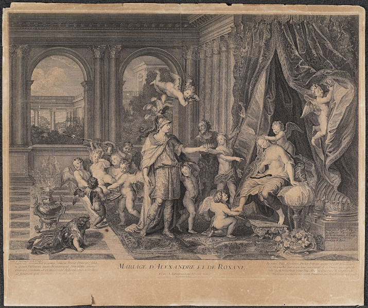 Sztych - napis - Mariage d'Akexandre et de Roxane wg A. Coypel
